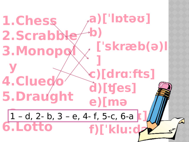 [ˈlɒtəʊ]  [ˈskræb(ə)l] [drɑːfts] [ʧes] [məˈnɒpəlɪ] [ˈklu:dəʊ] Chess Scrabble Monopoly Cluedo Draughts Lotto 1 – d, 2- b, 3 – e, 4- f, 5-c, 6-a 