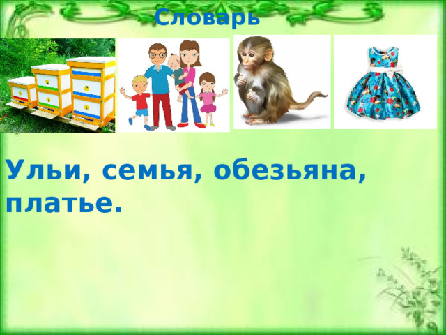 Словарь Ульи, семья, обезьяна, платье. 