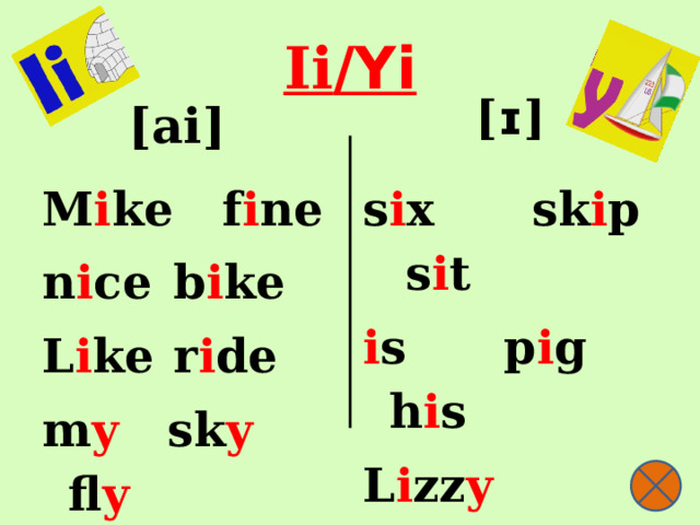 Ii /Yi [ai ɪ ɪ ]   [ ɪ ] s i x sk i p s i t M i ke f i ne i s p i g  h i s n i ce  b i ke L i zz y funn y L i ke  r i de m y sk y fl y angr y merr y  