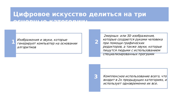 Цифровое искусство делиться на три основные категории:  2мерных- или 3D изображения, которые создаются руками человека при помощи графических редакторов, а также звуки, которые пишутся людьми с использованием специализированных программ Изображения и звуки, которые генерирует компьютер на основании алгоритмов 2 1 3 Комплексное использование всего, что входит в 2х предыдущих категориях, и использует одновременно их все. 