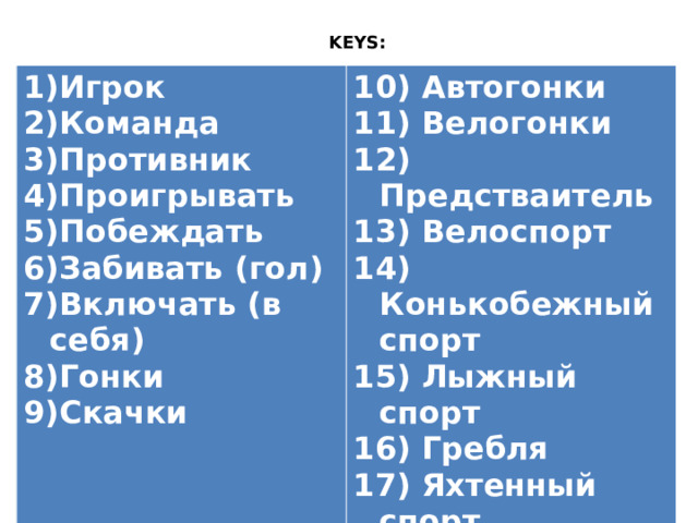 KEYS:   Игрок Команда Противник Проигрывать Побеждать Забивать (гол) Включать (в себя) Гонки Скачки  10) Автогонки 11) Велогонки 12) Предстваитель 13) Велоспорт 14) Конькобежный спорт 15) Лыжный спорт 16) Гребля 17) Яхтенный спорт 18) Преданный  