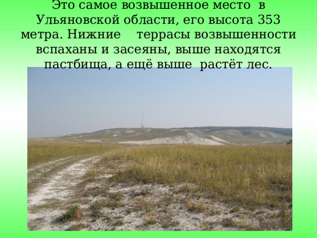 Это самое возвышенное место в Ульяновской области, его высота 353 метра. Нижние террасы возвышенности вспаханы и засеяны, выше находятся пастбища, а ещё выше растёт лес.   