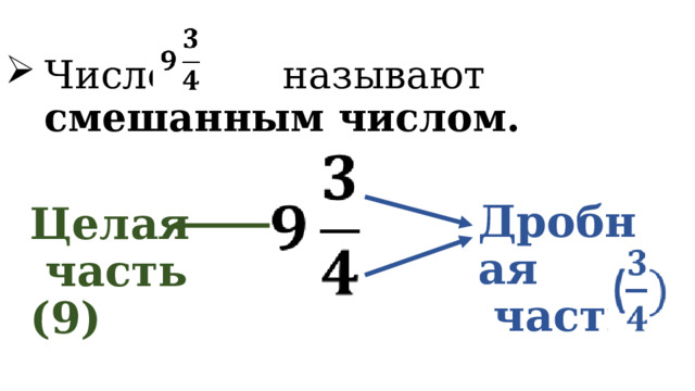Число называют смешанным числом. Дробная  часть Целая  часть (9) 