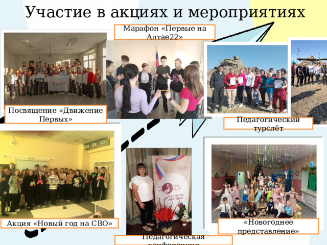 Участие в акциях и мероприятиях Марафон «Первые на Алтае22» Посвящение «Движение Первых» Педагогический турслёт «Новогоднее представление» Акция «Новый год на СВО» Педагогическая конференция 
