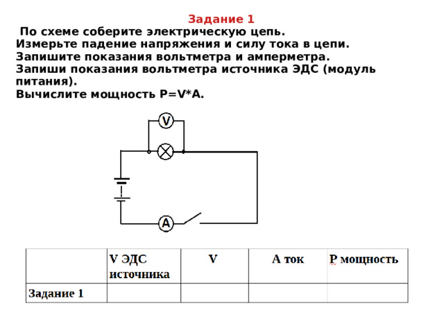 Задание 1  По схеме соберите электрическую цепь. Измерьте падение напряжения и силу тока в цепи. Запишите показания вольтметра и амперметра. Запиши показания вольтметра источника ЭДС (модуль питания). Вычислите мощность Р=V*A.    