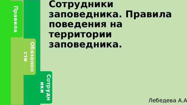 Сотрудники Обязанности Правила Сотрудники заповедника. Правила поведения на территории заповедника.   Лебедева А.А.  