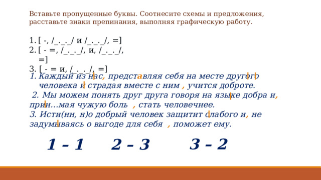 Вставьте пропущенные буквы. Соотнесите схемы и предложения, расставьте знаки препинания, выполняя графическую работу. [ -, /_._._/ и /_._._/, =] [ - =, /_._._/, и, /_._._/, =] 3. [ - = и, /_._._/, =] Каждый из нас , предст а вляя себя на месте другого человека и страдая вместе с ним , учится доброте.  2. Мы можем понять друг друга говоря на языке добра и , прин…мая чужую боль , стать человечнее. 3. Исти(нн, н)о добрый человек защитит слабого и , не задумываясь о выгоде для себя , поможет ему. 3 – 2 2 – 3 1 – 1 