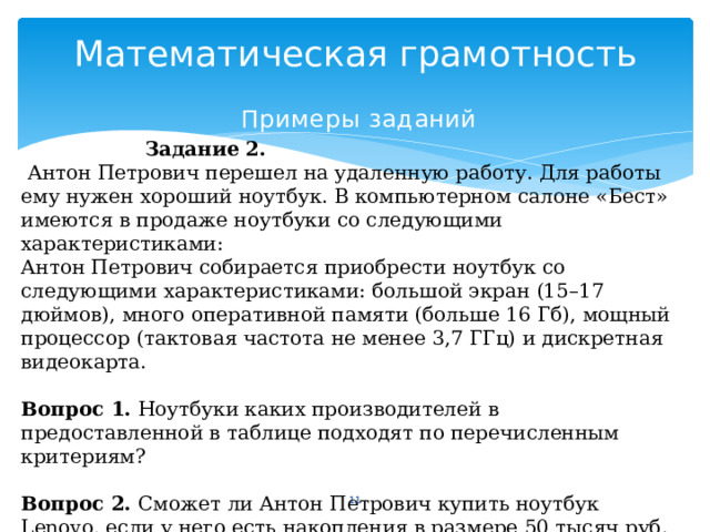 Математическая грамотность Примеры  заданий  Задание 2.  Антон Петрович перешел на удаленную работу. Для работы ему нужен хороший ноутбук. В компьютерном салоне «Бест» имеются в продаже ноутбуки со следующими характеристиками: Антон Петрович собирается приобрести ноутбук со следующими характеристиками: большой экран (15–17 дюймов), много оперативной памяти (больше 16 Гб), мощный процессор (тактовая частота не менее 3,7 ГГц) и дискретная видеокарта. Вопрос 1. Ноутбуки каких производителей в предоставленной в таблице подходят по перечисленным критериям? Вопрос 2. Сможет ли Антон Петрович купить ноутбук Lenovo, если у него есть накопления в размере 50 тысяч руб. и дисконтная карта, при предъявлении которой предоставляется скидка 10 %?  