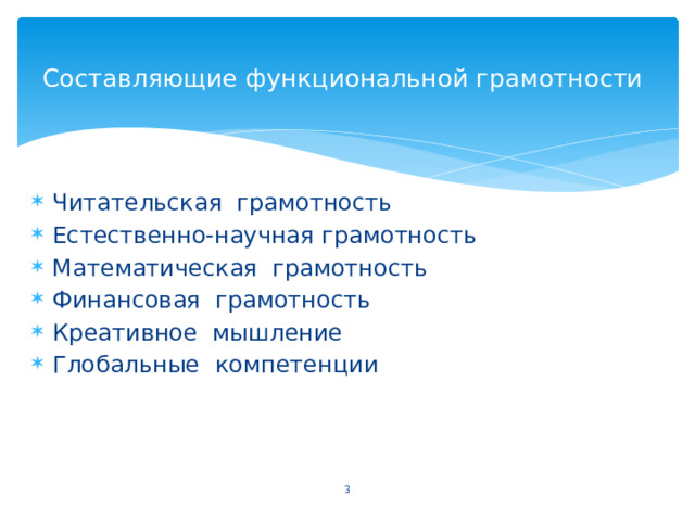  Составляющие функциональной грамотности Читательская грамотность Естественно-научная грамотность Математическая грамотность Финансовая грамотность Креативное мышление Глобальные компетенции  