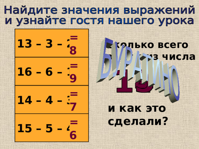 13 – 3 – 2 = 8 Сколько всего вычли из числа 16 – 6 – 1 = 9 14 – 4 – 3 = 7 и как это сделали? 15 – 5 – 4 = 6 