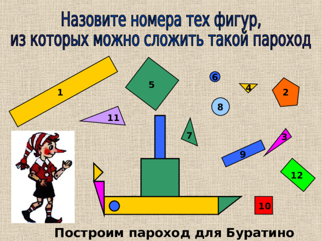 6 5 4 1 2 8 11 7 3 А 9 Г 12 Б Е Д 10 В Ж Построим пароход для Буратино 