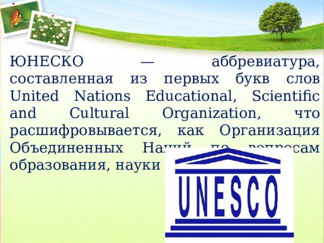 ЮНЕСКО — аббревиатура, составленная из первых букв слов United Nations Educational, Scientific and Cultural Organization, что расшифровывается, как Организация Объединенных Наций по вопросам образования, науки и культуры. 