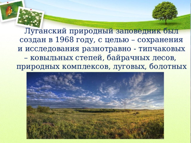Луганский природный заповедник был создан в 1968 году, с целью – сохранения и исследования разнотравно - типчаковых – ковыльных степей, байрачных лесов, природных комплексов, луговых, болотных и водных ценозов. 