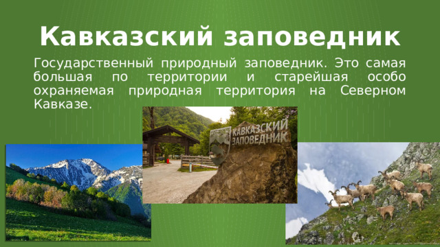 Кавказский заповедник Государственный природный заповедник. Это самая большая по территории и старейшая особо охраняемая природная территория на Северном Кавказе. 