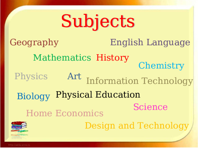 Geography English Language Mathematics History Chemistry Art Physics Information Technology Physical Education Biology Science Home Economics Design and Technology 