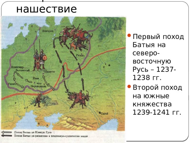 Татаро-монгольское нашествие Первый поход Батыя на северо-восточную Русь – 1237-1238 гг. Второй поход на южные княжества 1239-1241 гг. 