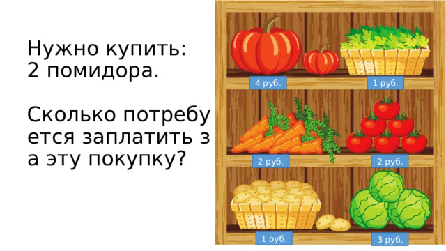 Нужно купить:  2 помидора.   Сколько потребуется заплатить за эту покупку? 4 руб. 1 руб. 2 руб. 2 руб. 1 руб. 3 руб. 