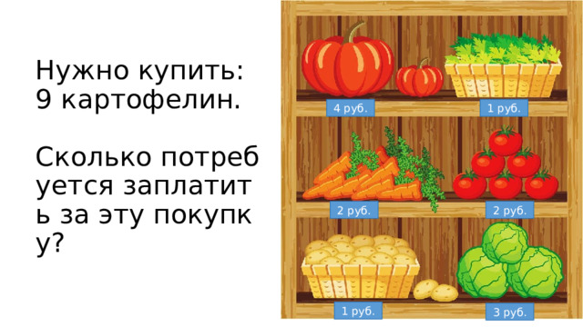 Нужно купить:  9 картофелин.   Сколько потребуется заплатить за эту покупку? 4 руб. 1 руб. 2 руб. 2 руб. 1 руб. 3 руб. 