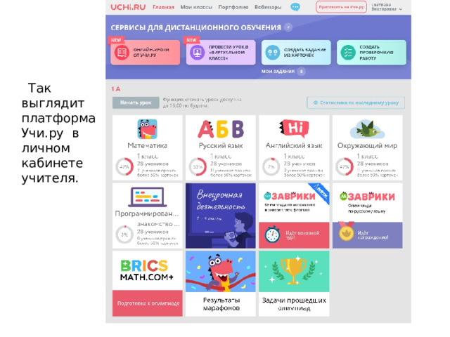  Так выглядит платформа Учи.ру в личном кабинете учителя. 