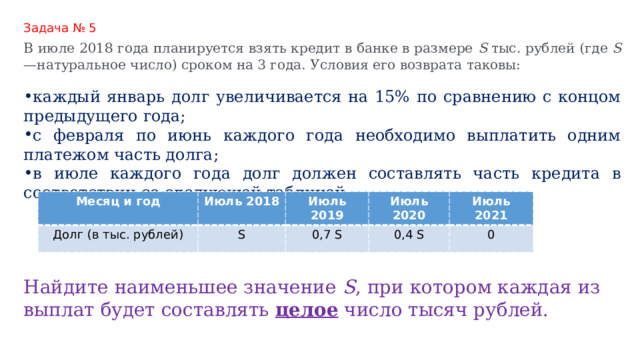 Найдите наименьшее значение  S , при котором каждая из выплат будет составлять  целое  число тысяч рублей. Задача № 5 В июле 2018 года планируется взять кредит в банке в размере  S  тыс. рублей (где  S —натуральное число) сроком на 3 года. Условия его возврата таковы: каждый январь долг увеличивается на 15% по сравнению с концом предыдущего года; с февраля по июнь каждого года необходимо выплатить одним платежом часть долга; в июле каждого года долг должен составлять часть кредита в соответствии со следующей таблицей. Месяц и год Долг (в тыс. рублей) Июль 2018 Июль 2019 S 0,7 S Июль 2020 Июль 2021 0,4 S 0 