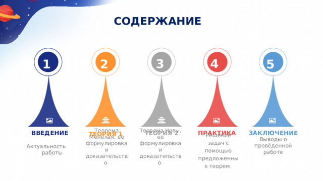 СОДЕРЖАНИЕ 4 3 2 5 1 ВВЕДЕНИЕ ТЕОРИЯ 1 ТЕОРИЯ 2 ПРАКТИКА ЗАКЛЮЧЕНИЕ Выводы о провёденной работе  Актуальность  работы Теорема Менелая, её формулировка и доказательство .    Теорема Чевы, её формулировка и доказательство .    Решение задач с помощью предложенных теорем .    