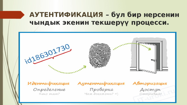 АУТЕНТИФИКАЦИЯ – бул бир нерсенин чындык экенин текшерүү процесси. 