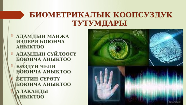 БИОМЕТРИКАЛЫК КООПСУЗДУК ТУТУМДАРЫ АДАМДЫН МАНЖА ИЗДЕРИ БОЮНЧА АНЫКТОО АДАМДЫН СҮЙЛӨӨСҮ БОЮНЧА АНЫКТОО КӨЗДҮН ЧЕЛИ БОЮНЧА АНЫКТОО БЕТТИН СҮРӨТҮ БОЮНЧА АНЫКТОО АЛАКАНДЫ АНЫКТОО 