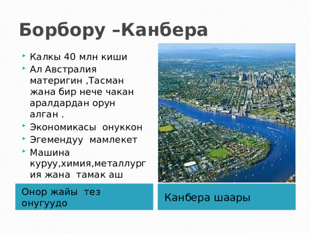 Борбору –Канбера Калкы 40 млн киши Ал Австралия материгин ,Тасман жана бир нече чакан аралдардан орун алган . Экономикасы онуккон Эгемендуу мамлекет Машина куруу,химия,металлургия жана тамак аш Онор жайы тез онугуудо Канбера шаары 