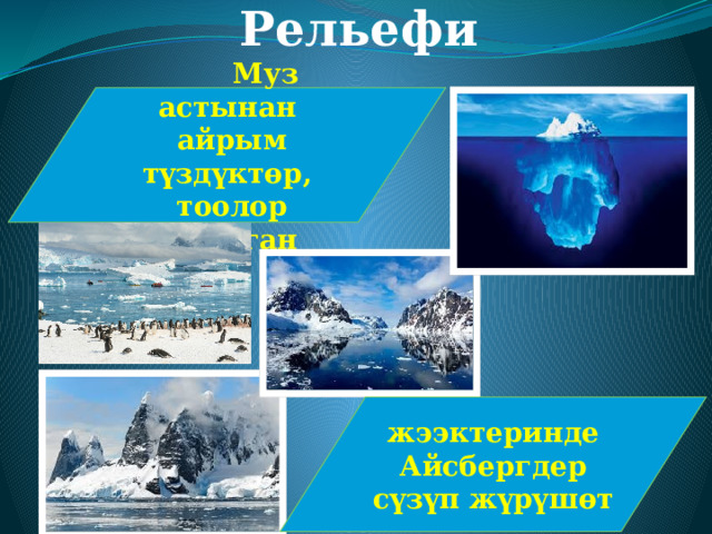 Рельефи  Муз астынан  айрым түздүктөр,  тоолор ачылган жээктеринде Айсбергдер сүзүп жүрүшөт 7 