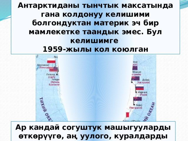 Антарктиданы тынчтык максатында гана колдонуу келишими болгондуктан материк эч бир мамлекетке таандык эмес. Бул келишимге 1959-жылы кол коюлган Ар кандай согуштук машыгууларды өткөрүүгө, аң уулого, куралдарды сыноого тыюу салынган 