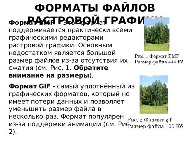 Форматы файлов растровой графики Формат BMP - Этот формат поддерживается практически всеми графическими редакторами растровой графики. Основным недостатком является большой размер файлов из-за отсутствия их сжатия (см. Рис. 1. Обратите внимание на размеры ). Формат  GIF - самый уплотнённый из графических форматов, который не имеет потери данных и позволяет уменьшить размер файла в несколько раз. Формат популярен из‑за поддержки анимации (см. Рис. 2). 