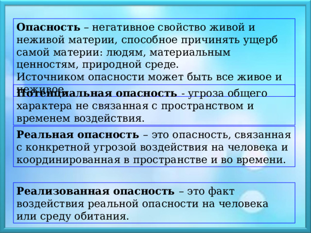 Опасность – негативное свойство живой и неживой материи, способное причинять ущерб самой материи: людям, материальным ценностям, природной среде. Источником опасности может быть все живое и неживое. Потенциальная опасность - угроза общего характера не связанная с пространством и временем воздействия. Реальная опасность – это опасность, связанная с конкретной угрозой воздействия на человека и координированная в пространстве и во времени. Реализованная опасность – это факт воздействия реальной опасности на человека или среду обитания. 