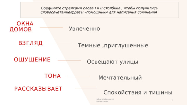 Соедините стрелками слова I и II столбика , чтобы получились словосочетание/фразы –помощники для написания сочинения Окна домов Увлеченно Взгляд Темные ,приглушенные Ощущение  Освещают улицы тона Мечтательный Рассказывает Спокойствия и тишины Набор слайдов для презентации 1 