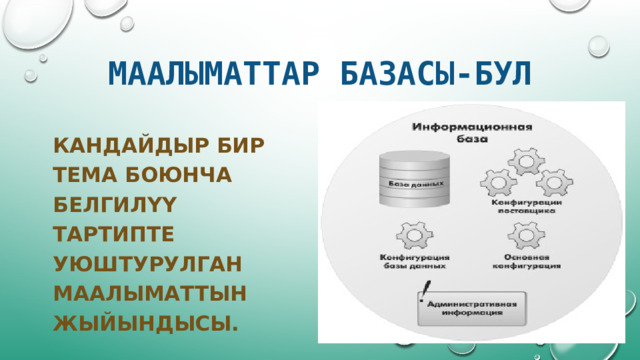 МААЛЫМАТТАР БАЗАСЫ-БУЛ КАНДАЙДЫР БИР ТЕМА БОЮНЧА БЕЛГИЛҮҮ ТАРТИПТЕ УЮШТУРУЛГАН МААЛЫМАТТЫН ЖЫЙЫНДЫСЫ. 