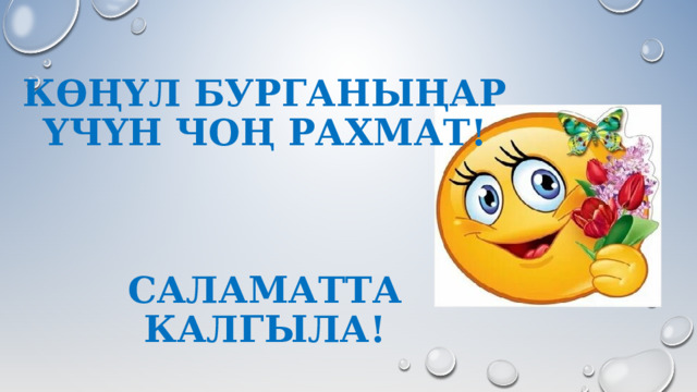 Көңүл бурганыңар үчүн чоң рахмат!     САЛАМАТТА КАЛГЫЛА! 
