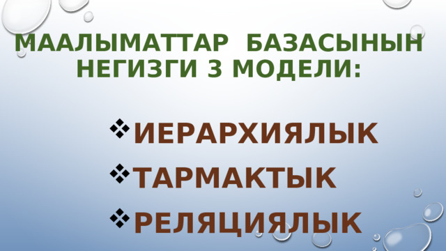 Маалыматтар базасынын негизги 3 модели: Иерархиялык Тармактык Реляциялык 