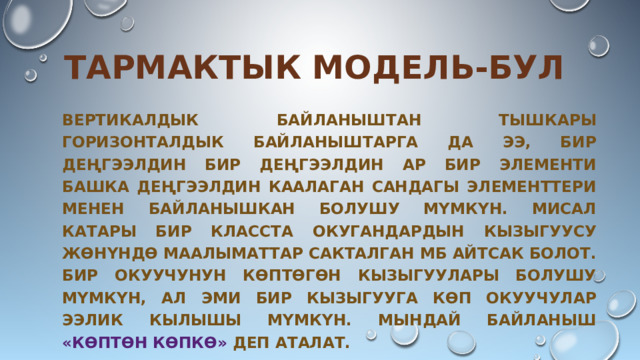 Тармактык модель-бул Вертикалдык байланыштан тышкары горизонталдык байланыштарга да ээ, бир деңгээлдин бир деңгээлдин ар бир элементи башка деңгээлдин каалаган сандагы элементтери менен байланышкан болушу мүмкүн. Мисал катары бир класста окугандардын кызыгуусу жөнүндө маалыматтар сакталган мб айтсак болот. Бир окуучунун көптөгөн кызыгуулары болушу мүмкүн, ал эми бир кызыгууга көп окуучулар ээлик кылышы мүмкүн. Мындай байланыш «көптөн көпкө» деп аталат. 