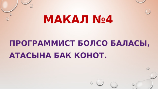 МАКАЛ №4 ПРОГРАММИСТ БОЛСО БАЛАСЫ, АТАСЫНА БАК КОНОТ.  