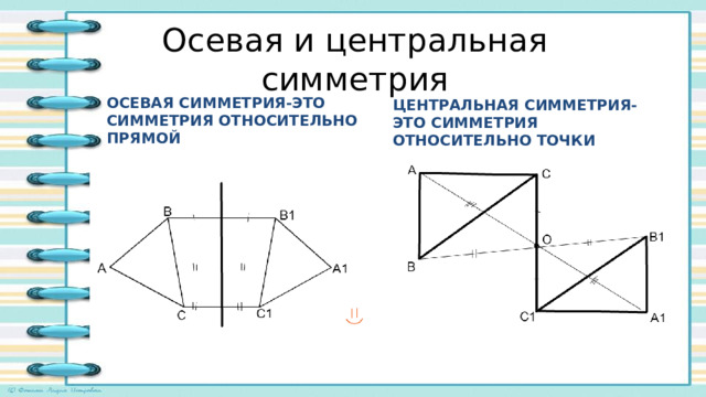 Осевая и центральная симметрия Осевая симметрия-это симметрия относительно прямой Центральная симметрия-это симметрия относительно точки 