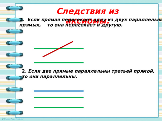 Следствия из аксиомы: Если прямая пересекает одну из двух параллельных прямых, то она пересекает и другую. 2.  Если две прямые параллельны третьей прямой, то они параллельны. 