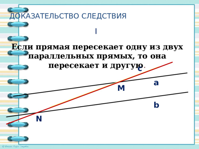 Доказательство Следствия I Если прямая пересекает одну из двух параллельных прямых, то она пересекает и другую . c a М b N 