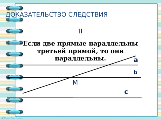 Доказательство Следствия  II Если две прямые параллельны третьей прямой, то они параллельны. a b M c 