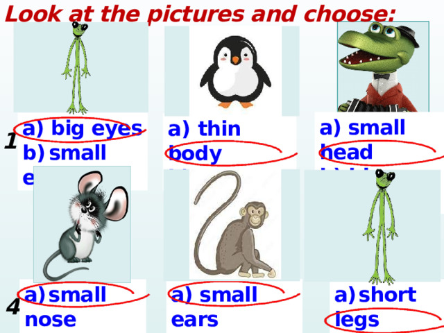 Look at the pictures and choose:     a) small head b) big head a) big eyes b)  small eyes a) thin body b) fat body 1. 2.  3.   a) small ears b) big ears a)  short legs a)  small nose b)  long legs b) big nose 4. 5.  6.  