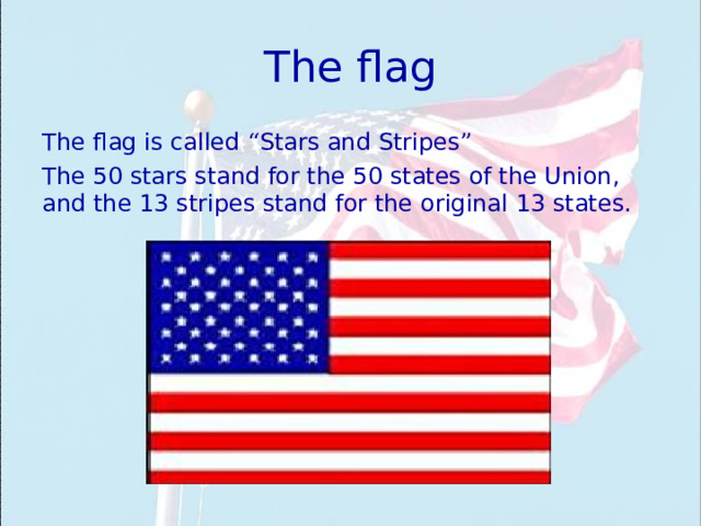 The flag The flag is called “ Stars and Stripes ”  The 50 stars stand for the 50 states of the Union , and the 13 stripes stand for the original 13 states. 