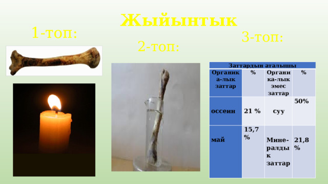 Жыйынтык 1-топ: 3-топ: 2-топ: Заттардын аталышы Органика-лык заттар %   Органика-лык эмес заттар оссеин  15,7 % май 21 % %  суу 50%       Мине-ралдык заттар   21,8 %   