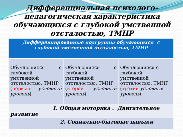 Дифференциальная психолого-педагогическая характеристика обучающихся с глубокой умственной отсталостью, ТМНР Дифференцированные подгруппы обучающихся с глубокой умственной отсталостью, ТМНР Обучающиеся с глубокой умственной отсталостью, ТМНР  1. Общая моторика . Двигательное развитие Обучающиеся с глубокой умственной отсталостью, ТМНР ( первый  условный уровень )  2. Социально-бытовые навыки ( второй  условный уровень ) Обучающиеся с глубокой умственной отсталостью, ТМНР ( третий условный уровень ) 