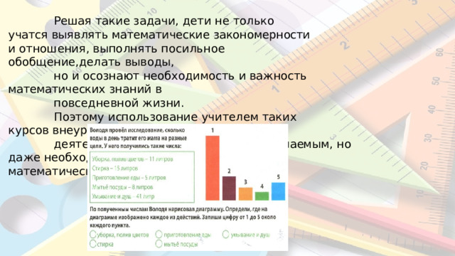 Решая  такие  задачи,  дети  не  только  учатся выявлять  математические  закономерности  и  отношения, выполнять  посильное  обобщение, делать выводы, но  и  осознают  необходимость  и  важность  математических  знаний  в повседневной  жизни. Поэтому  использование  учителем  таких  курсов  внеурочной деятельности,  является  не  только  желаемым,  но  даже  необходимым элементом  формирования  математической  грамотности. 