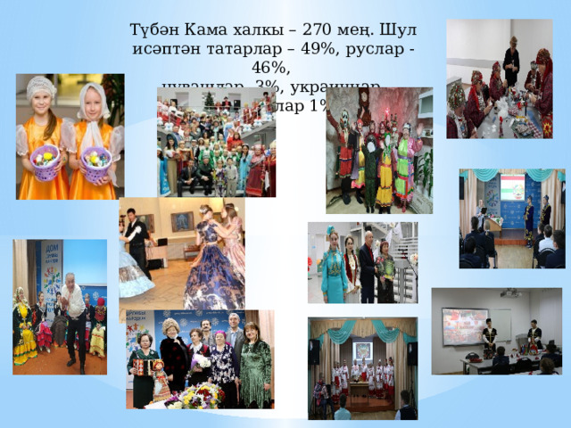 Түбән Кама халкы – 270 мең. Шул исәптән татарлар – 49%, руслар - 46%, чувашлар- 3%, украиннар, башкортлар 1%. 