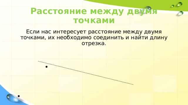 Расстояние между двумя точками Если нас интересует расстояние между двумя точками, их необходимо соединить и найти длину отрезка.     