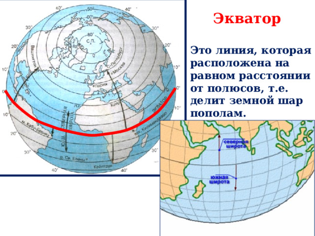  Экватор Это линия, которая расположена на равном расстоянии от полюсов, т.е. делит земной шар пополам.           